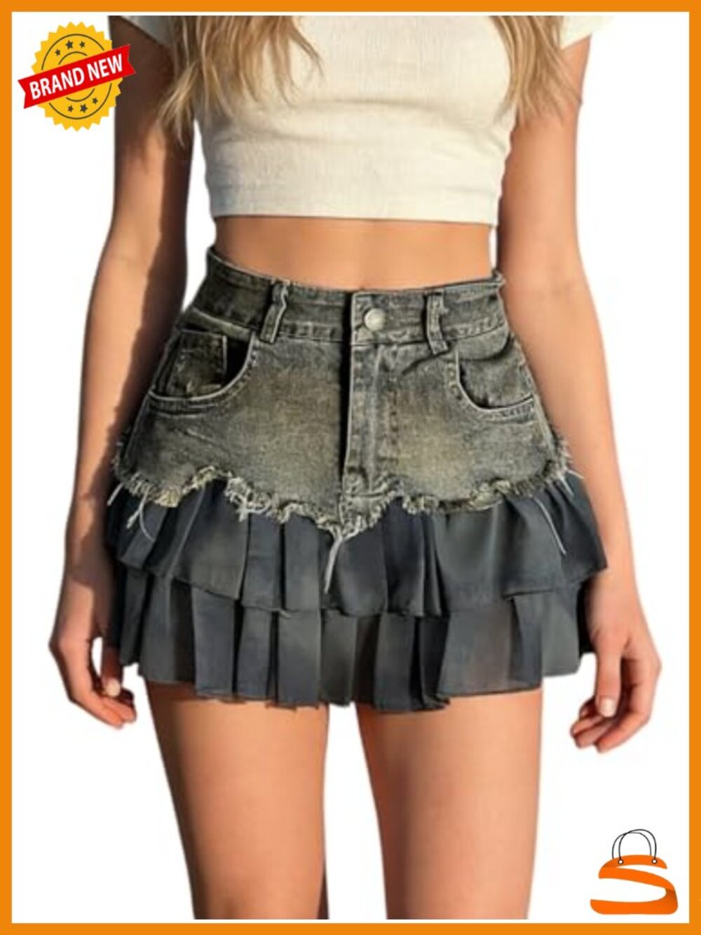 High Waisted Denim Ruffle Mini Skirt with Lace Trim, A-Line, Pleated, Y2K